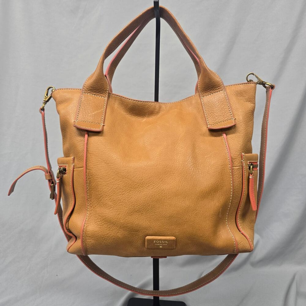 Fossil Emerson Medium Leather Satchel Crossbody Bag Tan dot Coral ZB6462